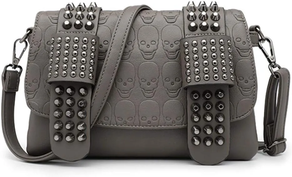 Women Punk Skull Shoulder Top-Handle Bag Goth Rivet Purse Handbag PU Leather Chain Satchel Tote Grey