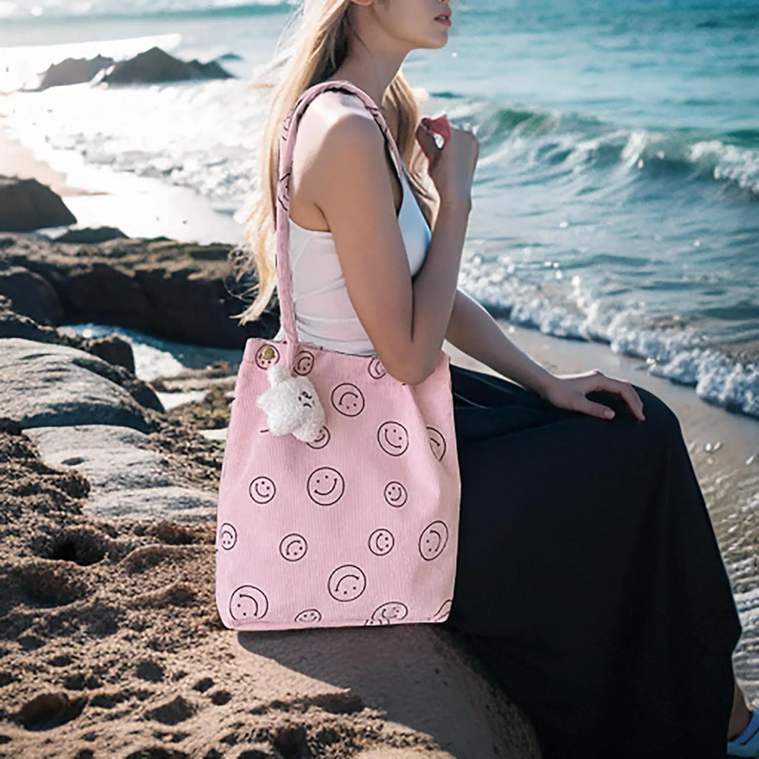 Women Tote Bags Grocery Shoulder Bag Corduroy with Inner Pocket for Work Beach Lunch Travel Shopping Shopper Handbags