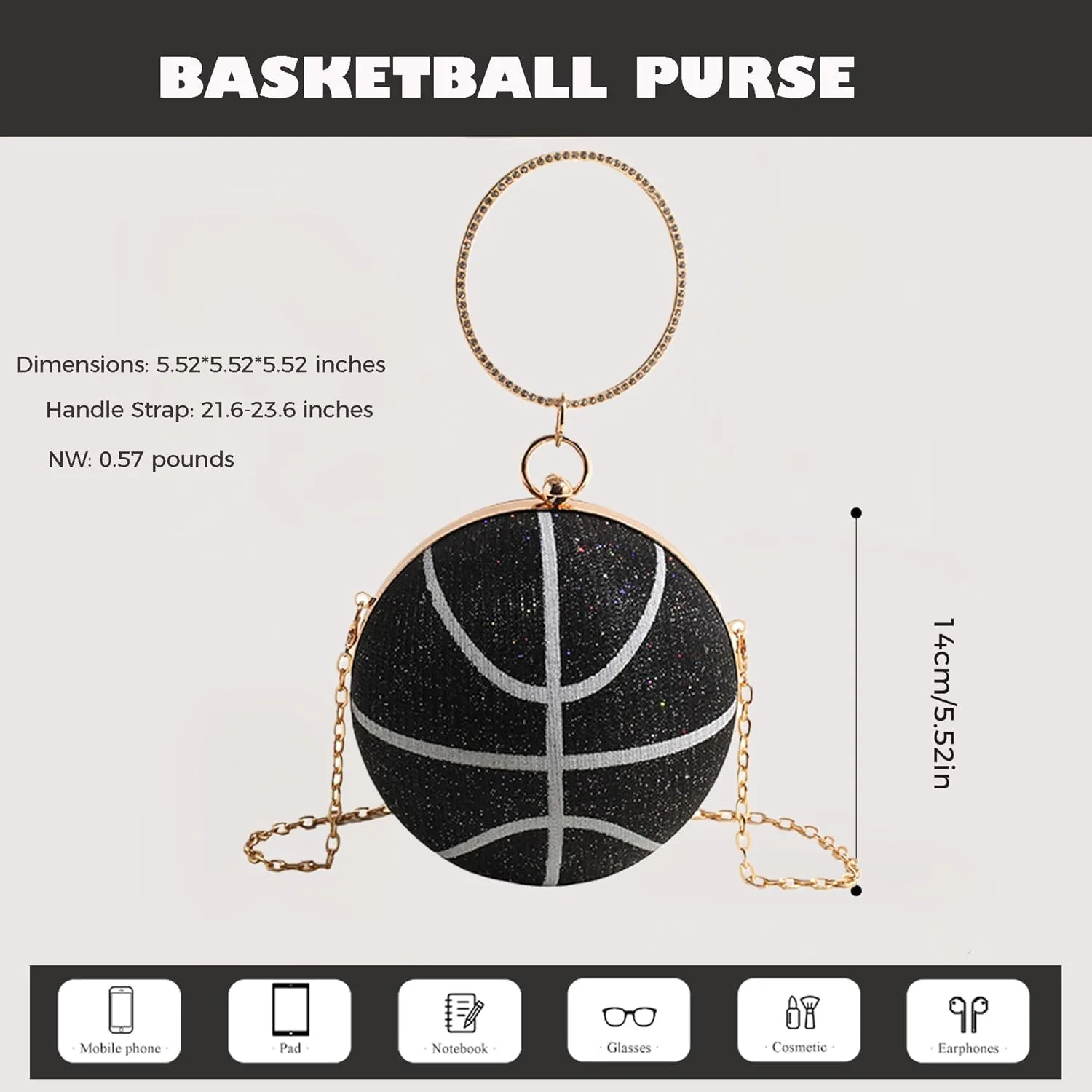 Women's Basketball Mini Round Messenger Bag - Diamond-Encrusted Handbag, Stylish Novelty Purse, Unique Design