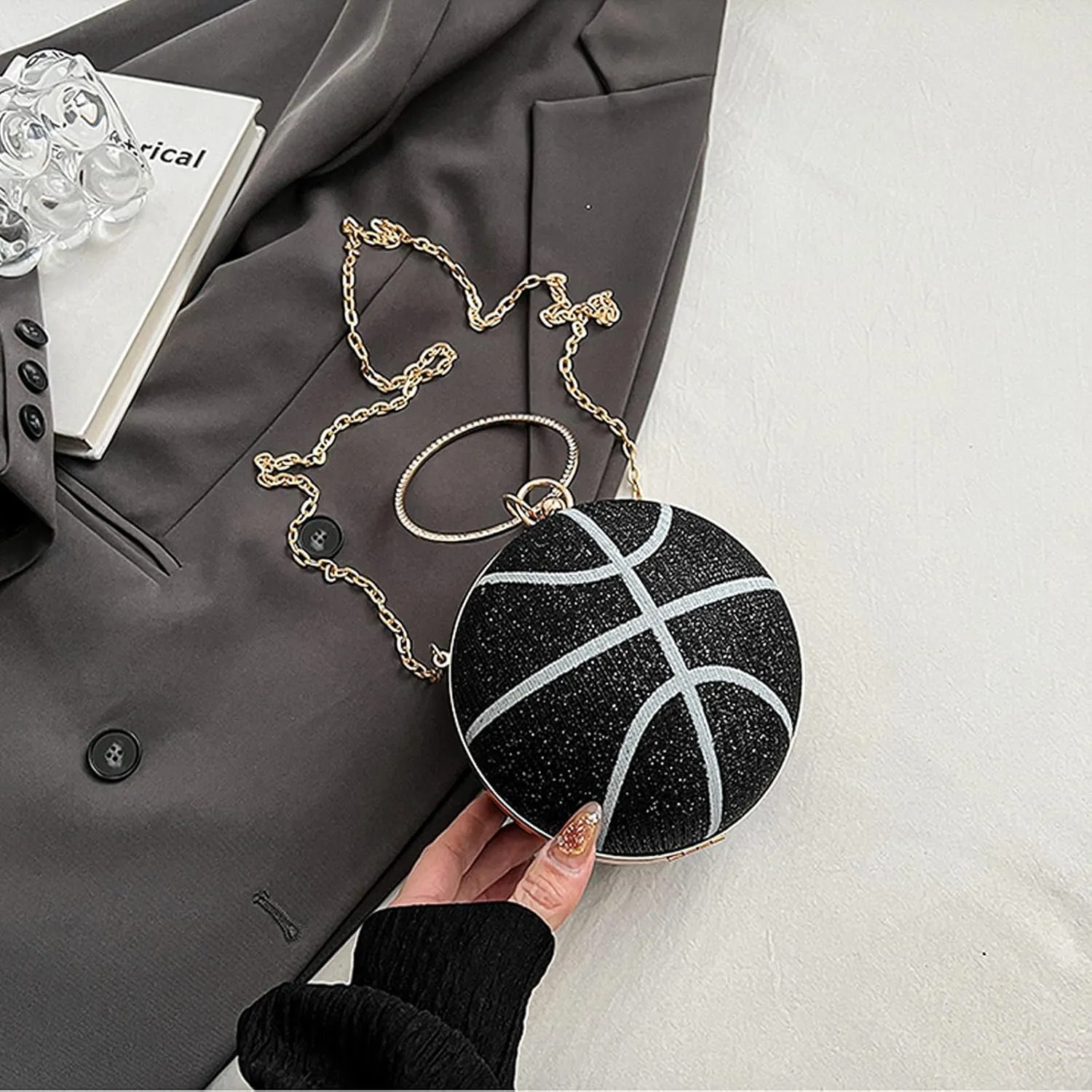 Women's Basketball Mini Round Messenger Bag - Diamond-Encrusted Handbag, Stylish Novelty Purse, Unique Design