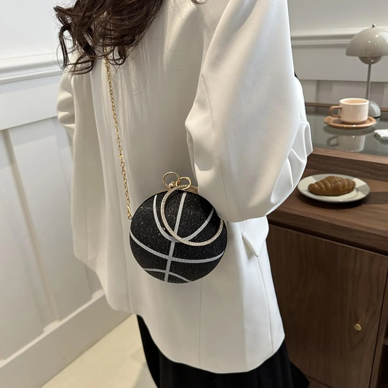 Women's Basketball Mini Round Messenger Bag - Diamond-Encrusted Handbag, Stylish Novelty Purse, Unique Design
