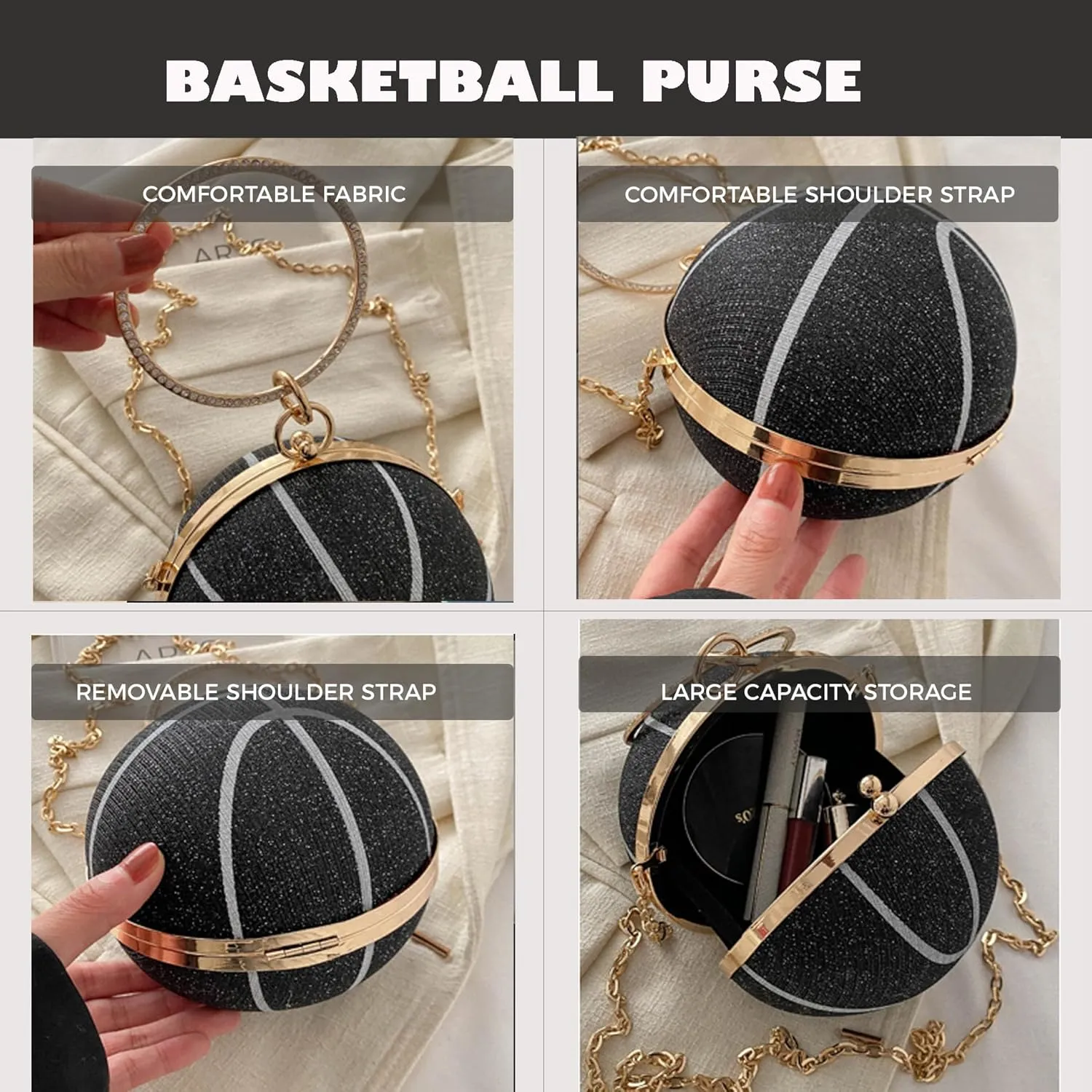 Women's Basketball Mini Round Messenger Bag - Diamond-Encrusted Handbag, Stylish Novelty Purse, Unique Design