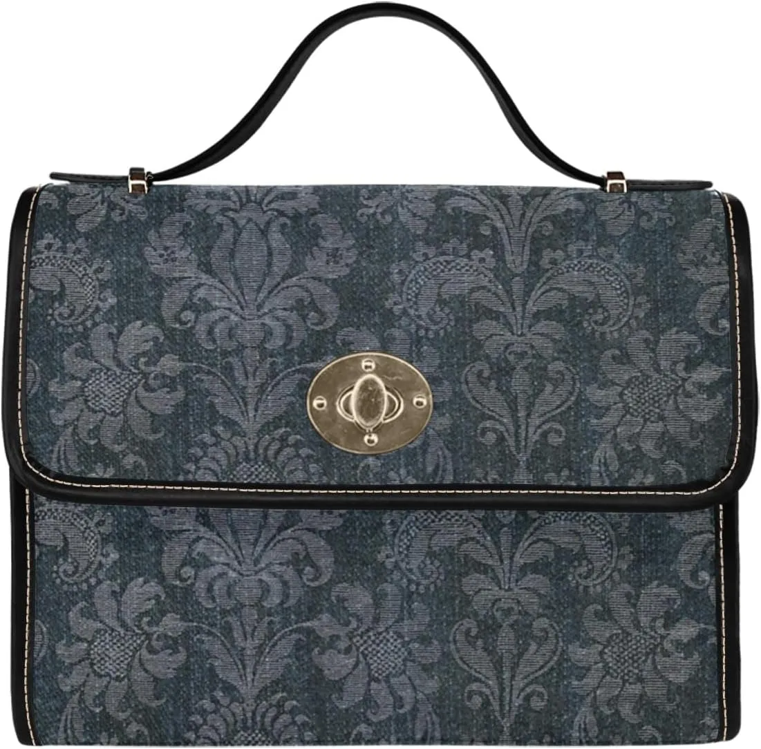 Women's Blue Denim Print Canvas Satchel Handbag Black Vegan Leather Trim