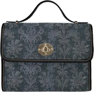 Women's Blue Denim Print Canvas Satchel Handbag Black Vegan Leather Trim
