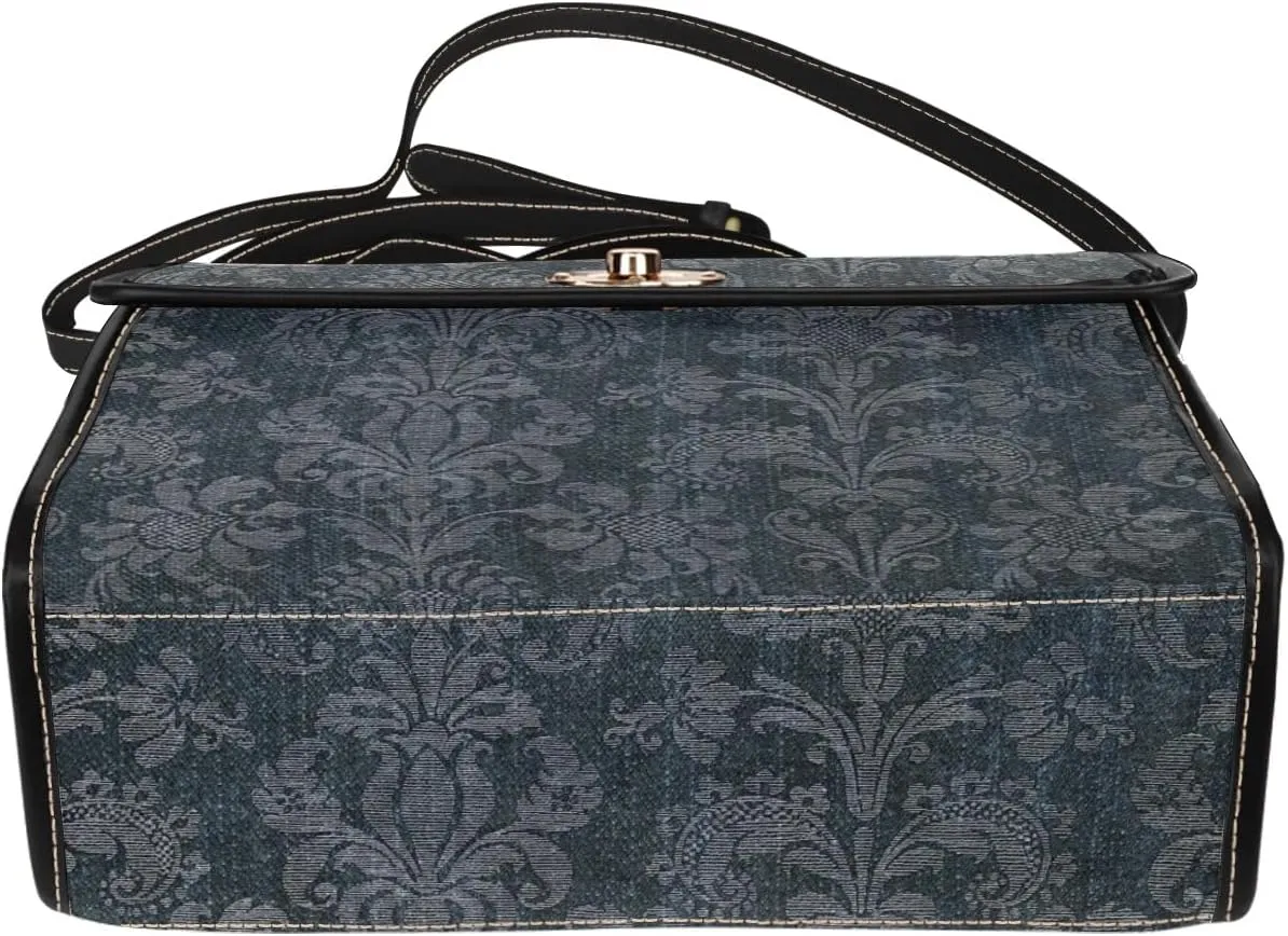 Women's Blue Denim Print Canvas Satchel Handbag Black Vegan Leather Trim