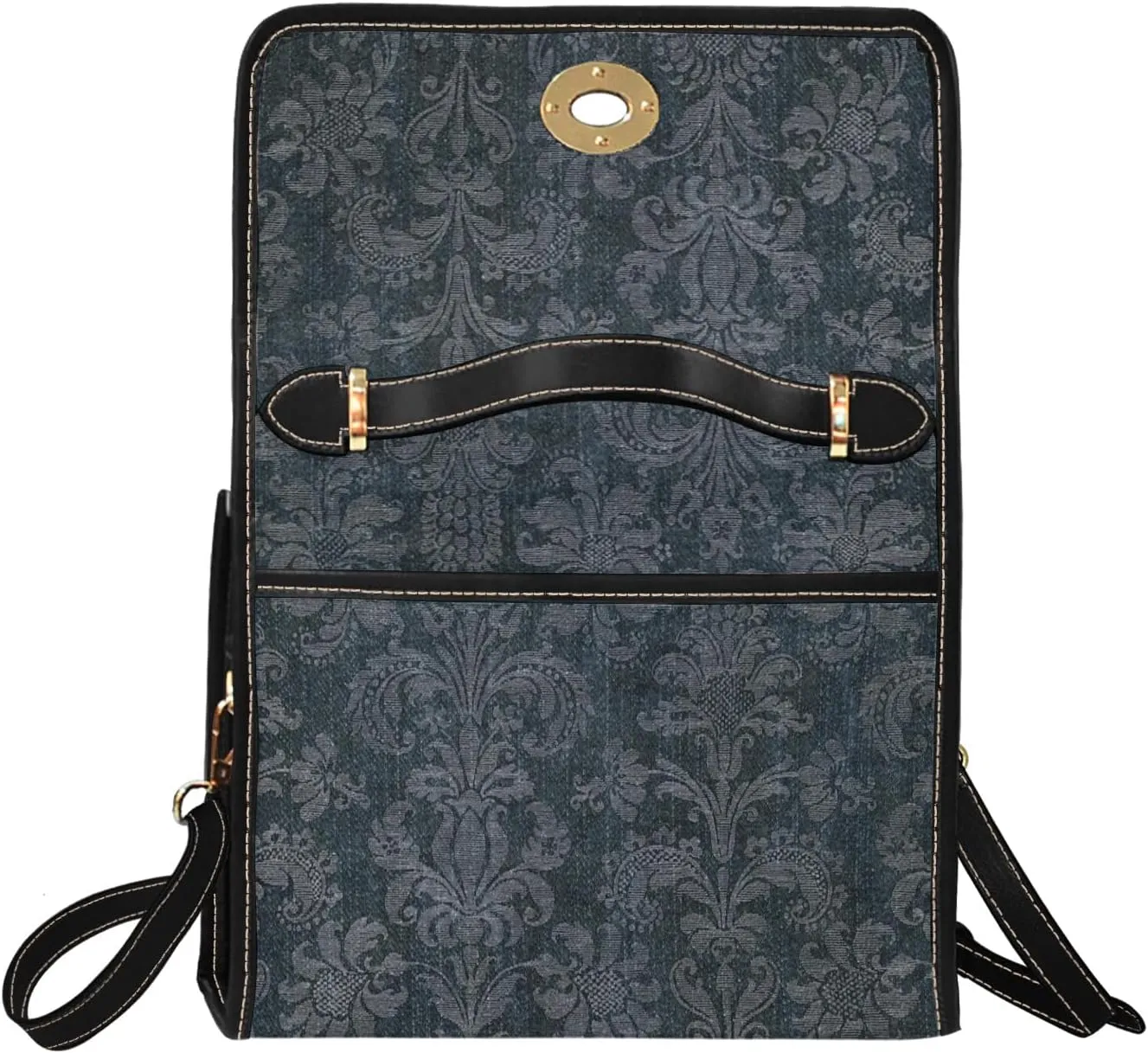 Women's Blue Denim Print Canvas Satchel Handbag Black Vegan Leather Trim