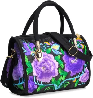 Women's Canvas Top Handle Satchel Bag Flower Embroidery Crossbody Retro Boston Shoulder Bag Ethnic Handbag and Purse，bag2091OWOISS