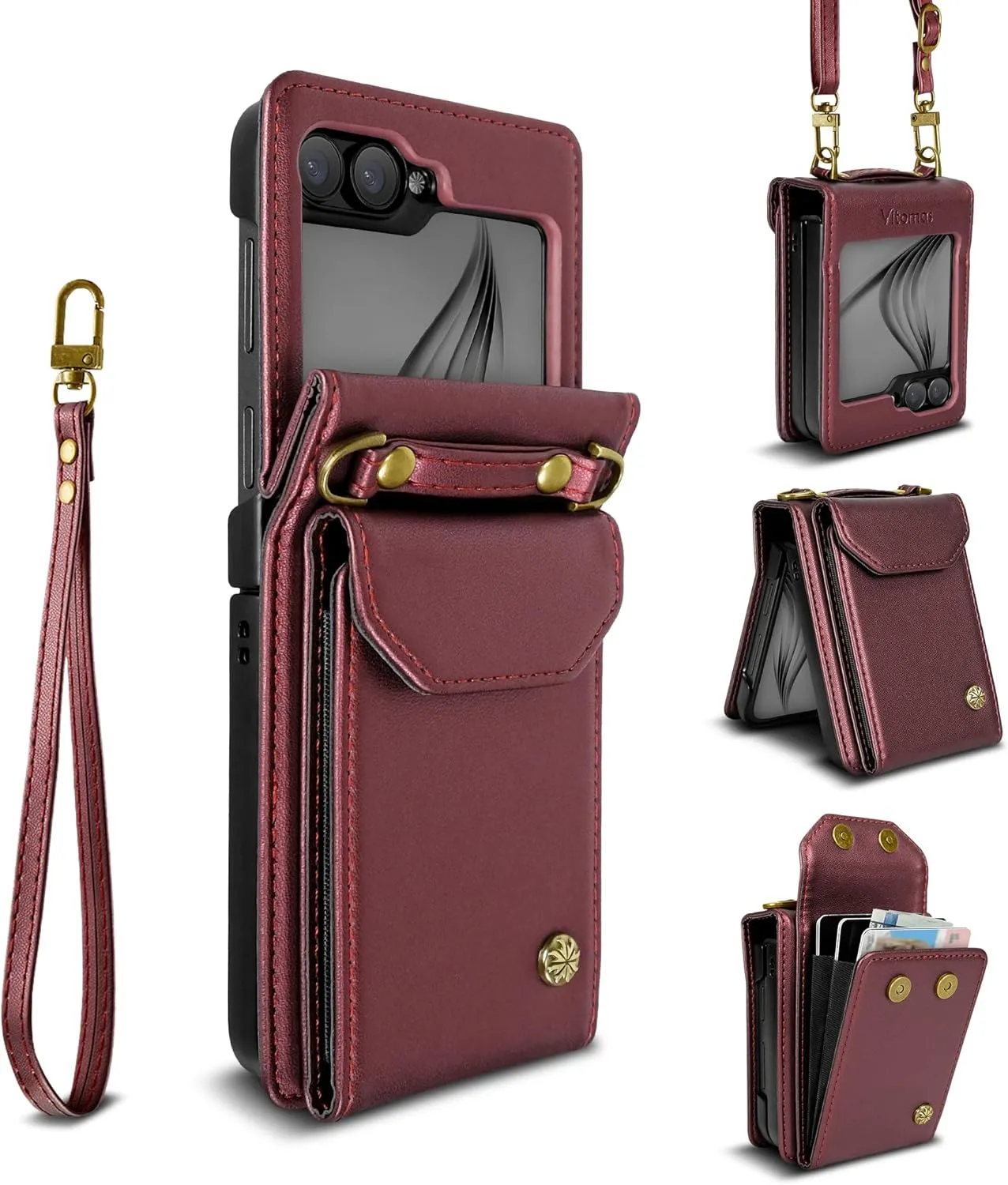 Women’s Crossbody Case Wallet - Compatible with Samsung Galaxy Z Flip 6 Wallet Case, PU Leather Detachable Strap & Card Holder (6.7" Wine Red)