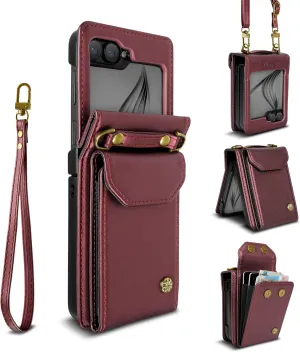 Women’s Crossbody Case Wallet - Compatible with Samsung Galaxy Z Flip 6 Wallet Case, PU Leather Detachable Strap & Card Holder (6.7" Wine Red)
