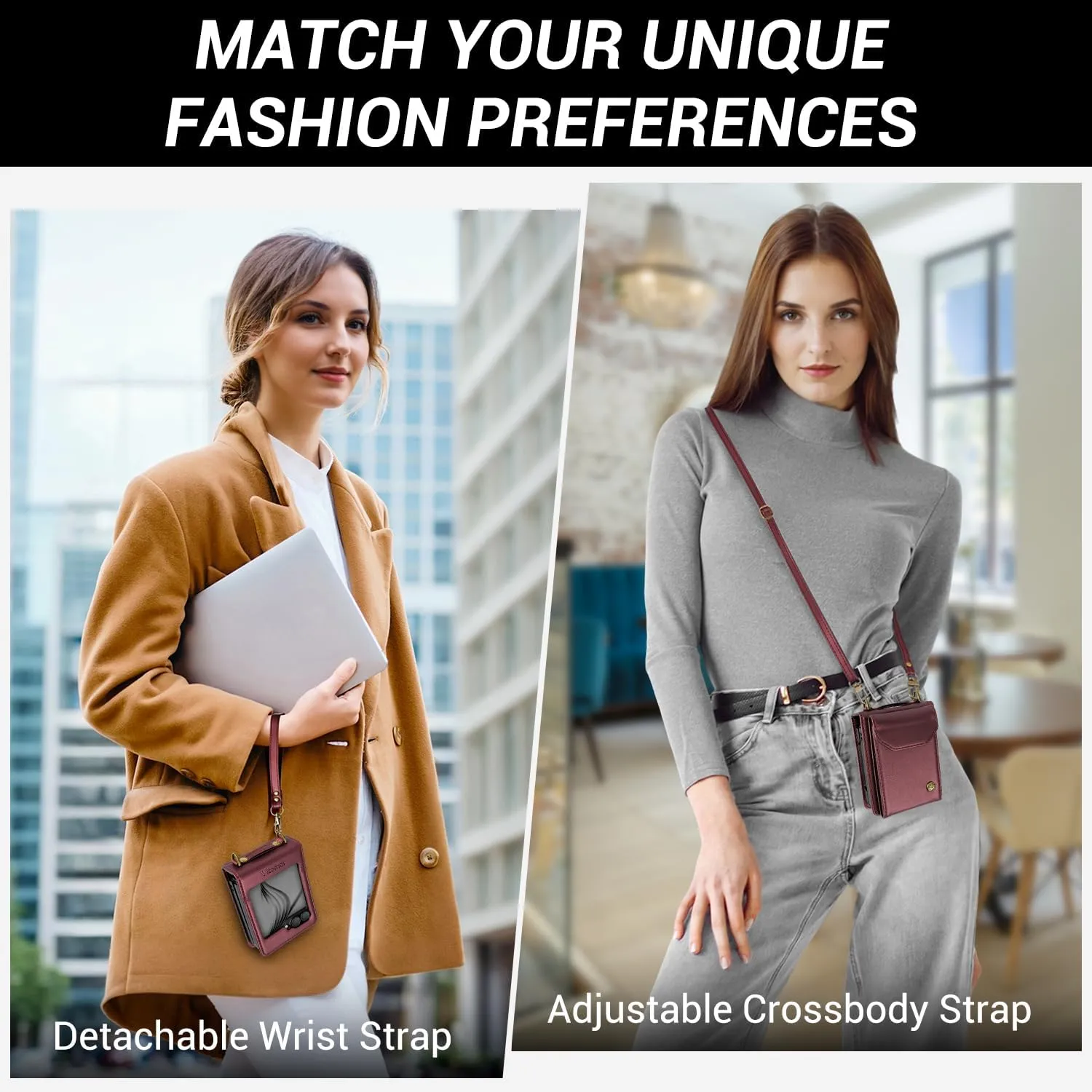 Women’s Crossbody Case Wallet - Compatible with Samsung Galaxy Z Flip 6 Wallet Case, PU Leather Detachable Strap & Card Holder (6.7" Wine Red)