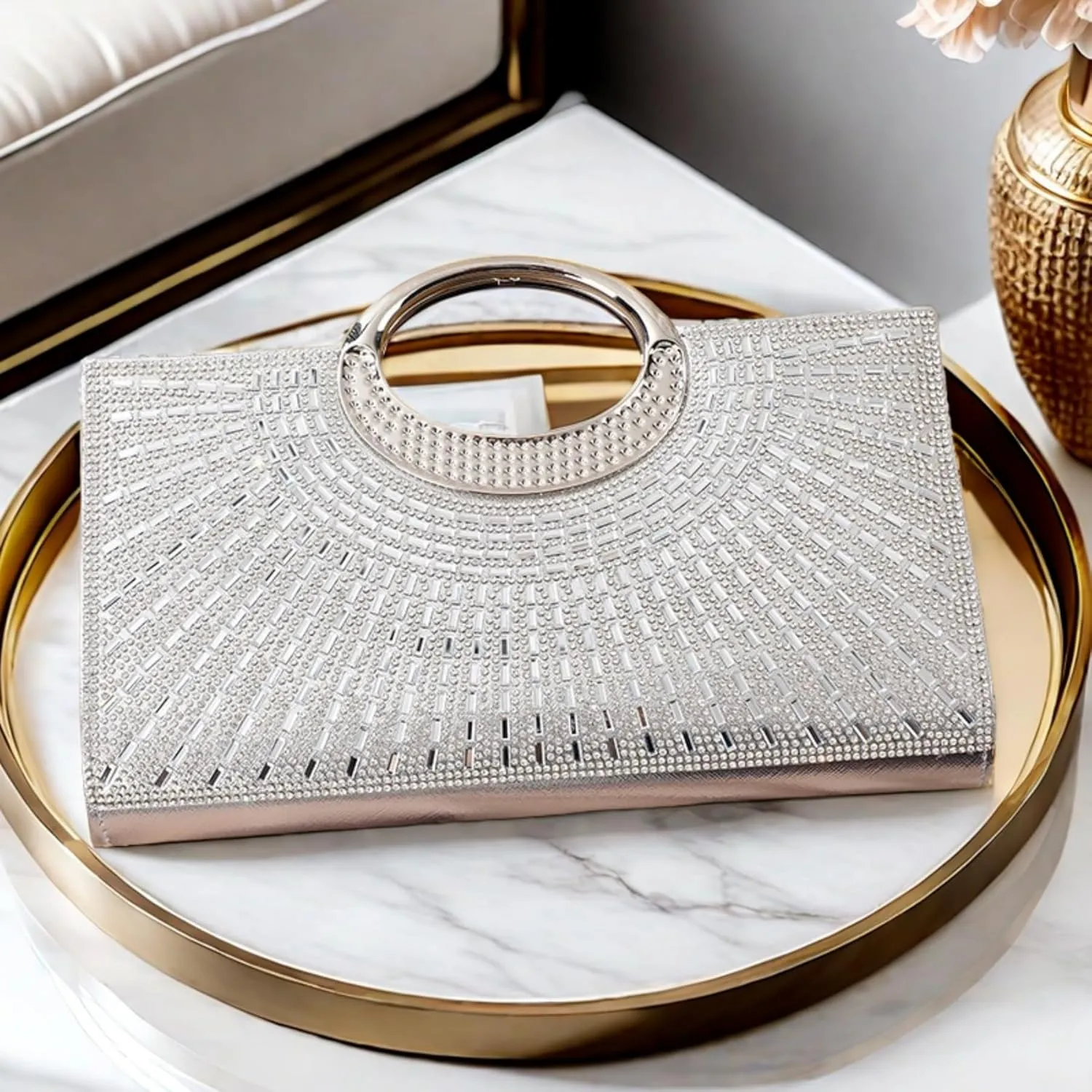 Women's Elegant Crystal Evening Handbag Glitter Top Handle Evening Purse Clutch Wedding Shoulder Bag Small Square Bag