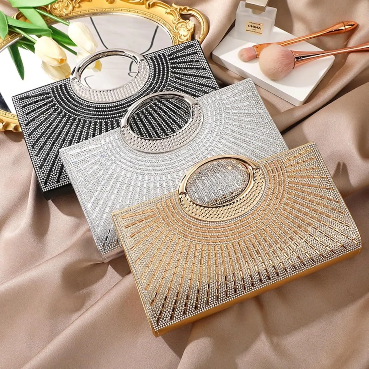 Women's Elegant Crystal Evening Handbag Glitter Top Handle Evening Purse Clutch Wedding Shoulder Bag Small Square Bag