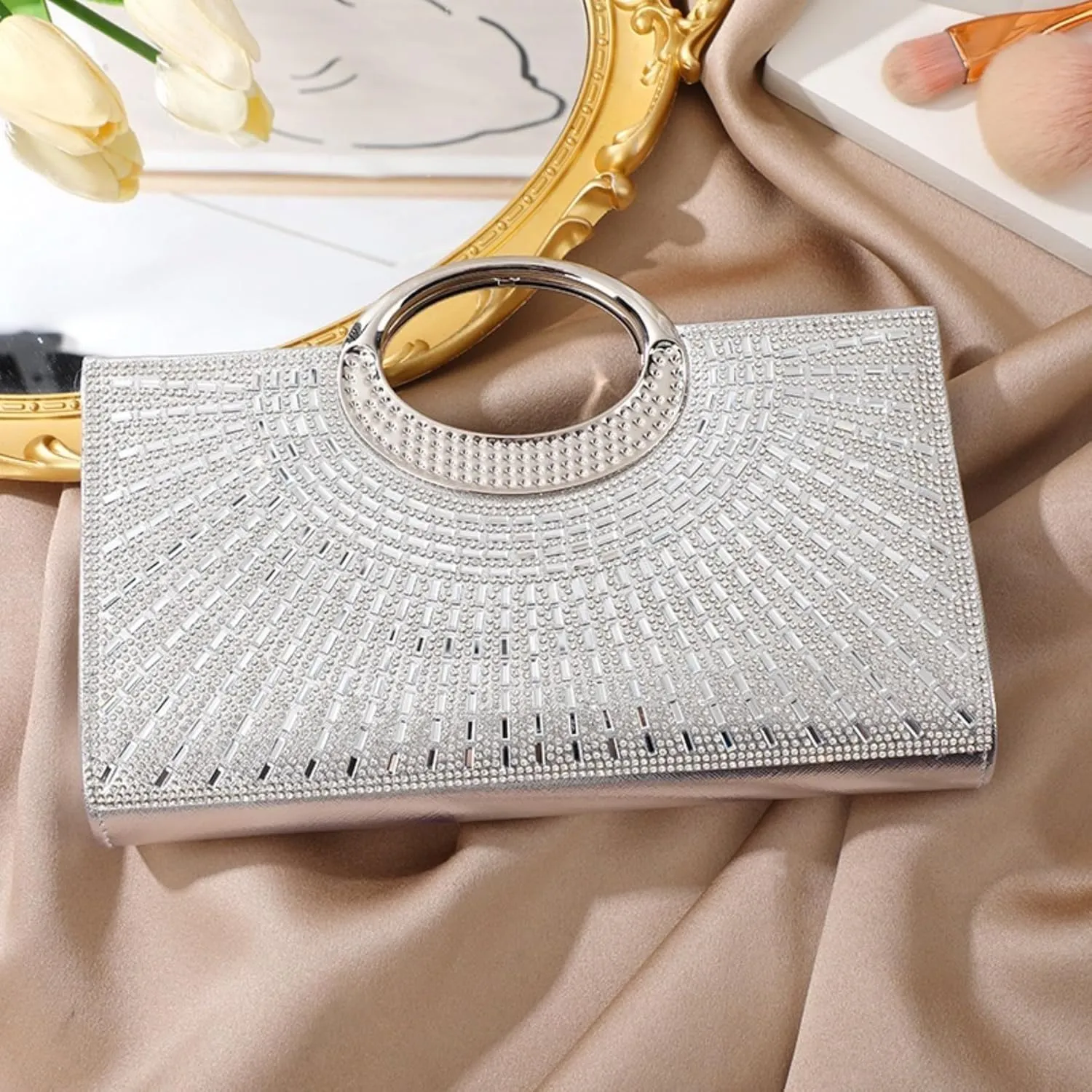Women's Elegant Crystal Evening Handbag Glitter Top Handle Evening Purse Clutch Wedding Shoulder Bag Small Square Bag