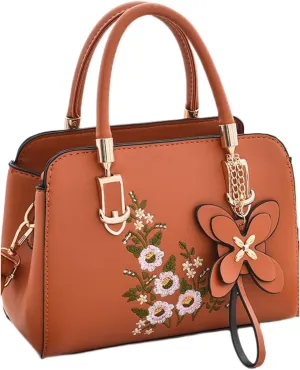 Women's Fashion Leather Handbag, Embroidered Purse Handbag, Lady's Flower Satchel Crossbody Bag Tote Bag