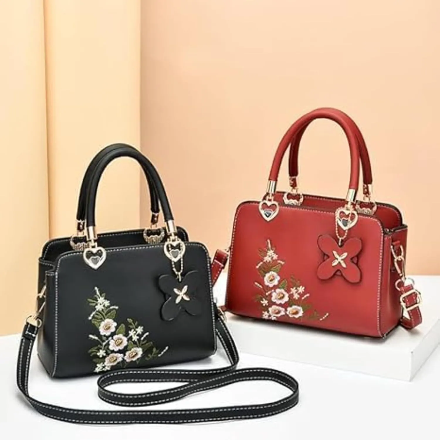 Women's Fashion Leather Handbag, Embroidered Purse Handbag, Lady's Flower Satchel Crossbody Bag Tote Bag