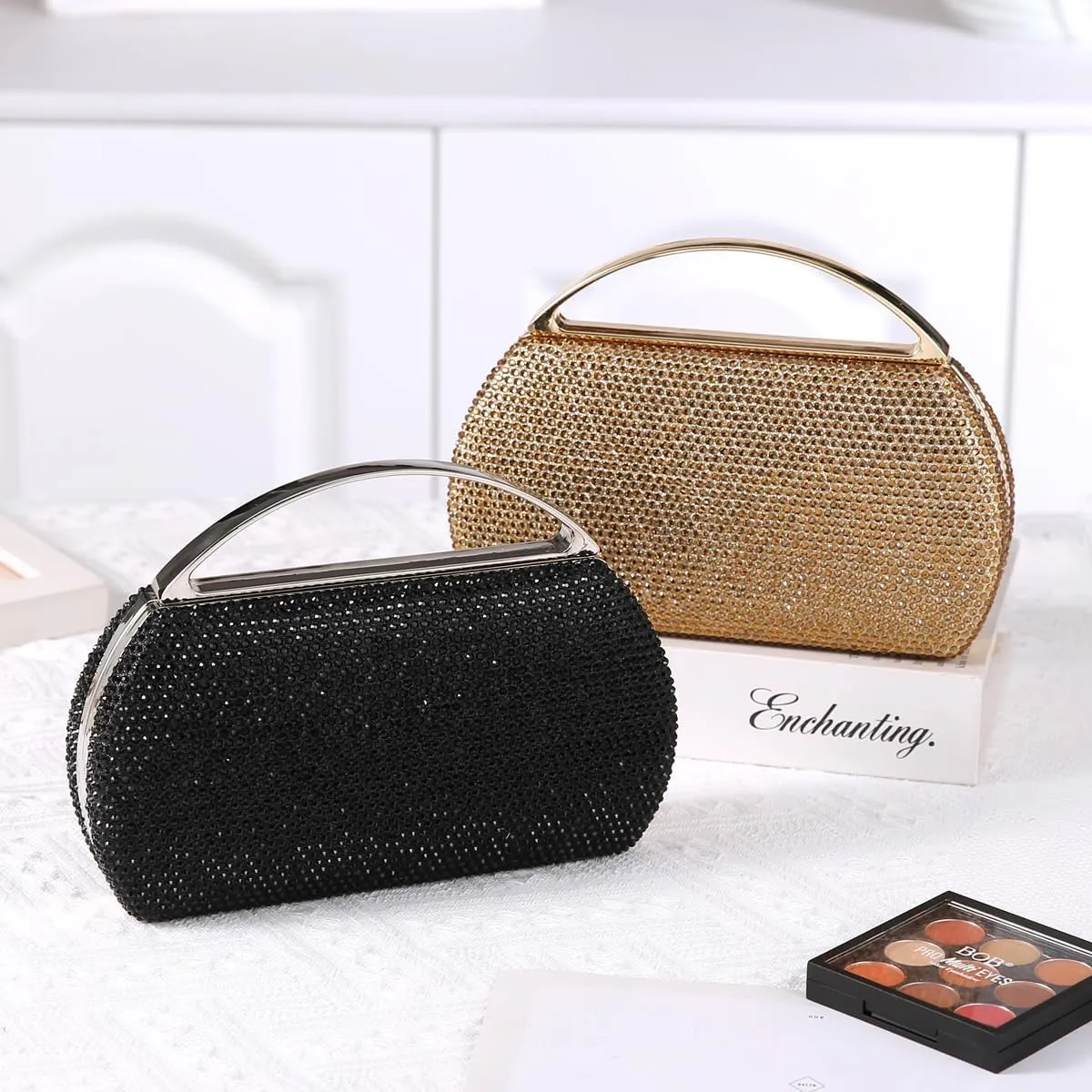 Women's Fashion Top Handle Rhinestone Beaded Evening Bag Clutch Handbag