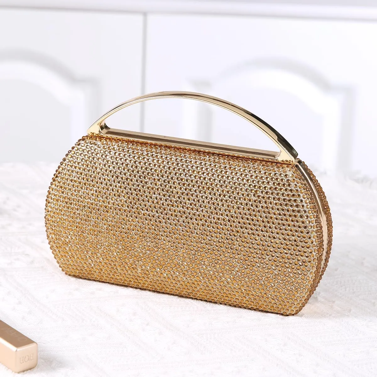 Women's Fashion Top Handle Rhinestone Beaded Evening Bag Clutch Handbag