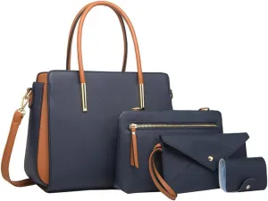 Womens Fashion Vegan Leather Handbags Tote Bag Shoulder Crossbody Bag Work Top Handle Satchel Purse Set 4pcs
