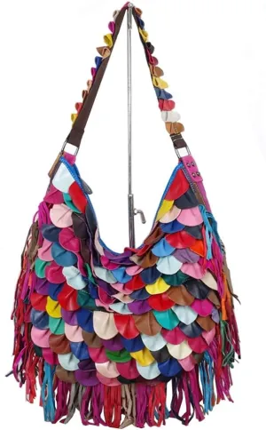 Women’s Full Sheepskin Hobo Multicolour Patchwork Shoulder 3D Leaf Pattern Tassel Handbag Purses Multicoloured, One Color, One Size