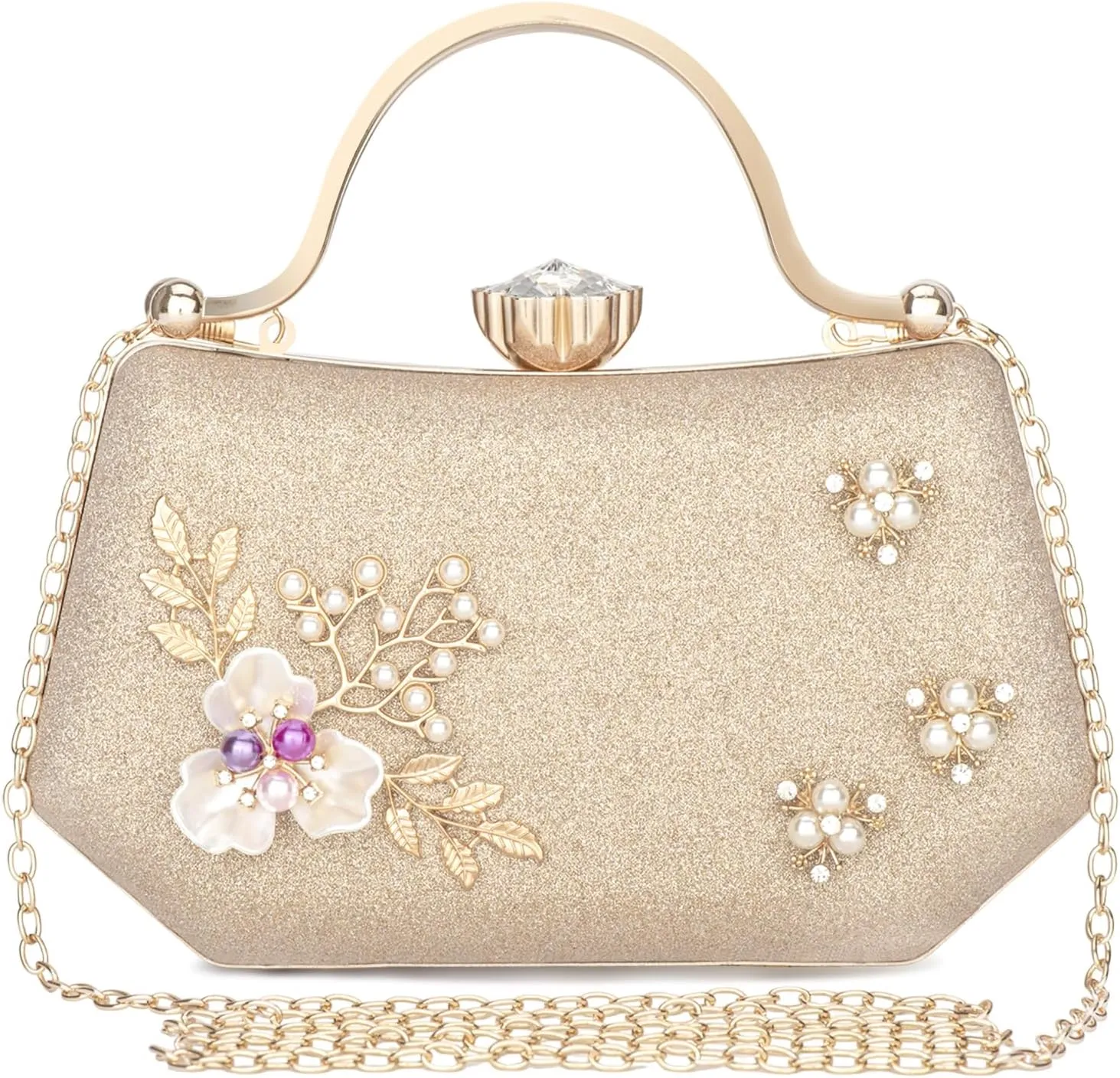 Women's Gold Glitter Shiny Pearl and Flower Decor Clutch Evening Purse Wedding Party Bag