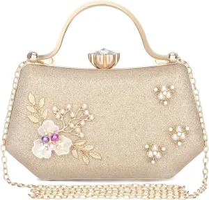 Women's Gold Glitter Shiny Pearl and Flower Decor Clutch Evening Purse Wedding Party Bag