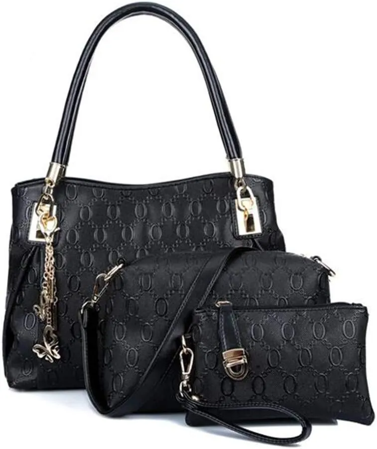Women's Ladies PU Leather Shoulder Metal Top-handle Embossing Handle Bags 3 Pcs Satchel Tote Purse-Black