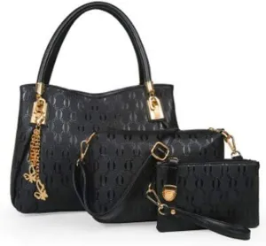 Women's Ladies PU Leather Shoulder Metal Top-handle Embossing Handle Bags 3 Pcs Satchel Tote Purse-Black