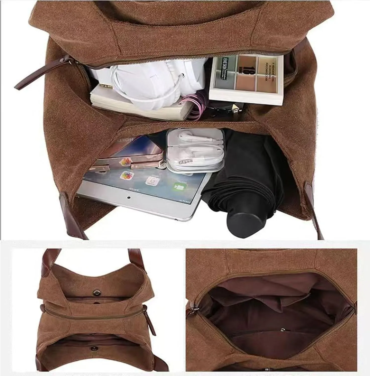 Women's Multi-pocket Canvas Shoulder Bag Fashion Cotton Canvas Totes Purses Casual Top Handle Handbags Hobo Bags