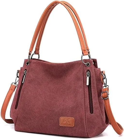 Women's Multi-pocket Shoulder Bag Satchel Fashion Canvas Handbag Simple Tote Purse Top-Handle Bag