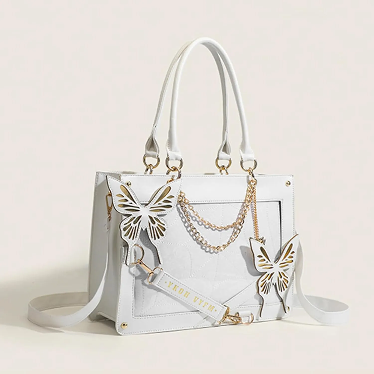 Women's Punk Gothic Tote Bag Fashion PU Leather Top-handle Bag Large Capacity Lolita Butterfly Shoulder Bag