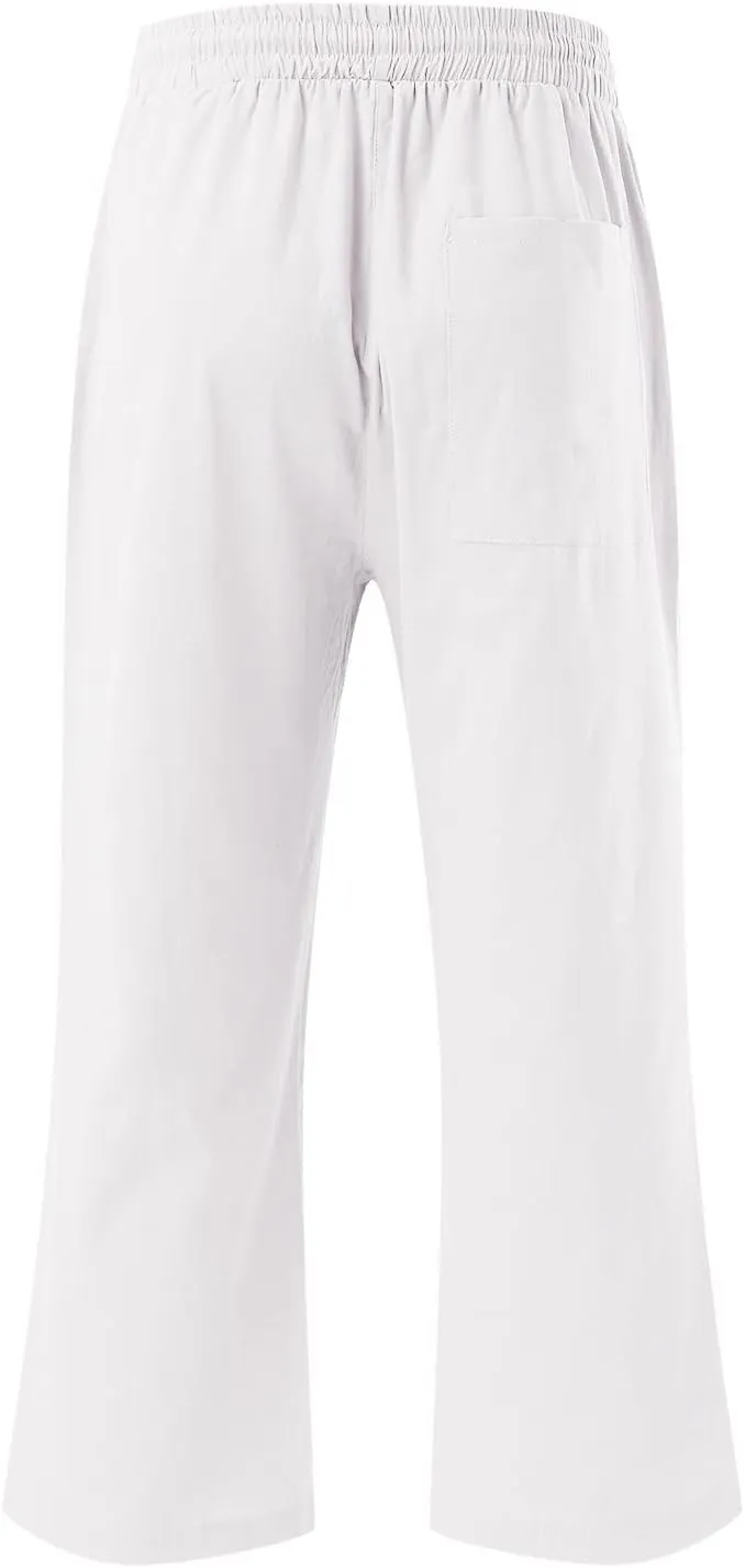 Womens Summer Flowy Cotton Linen Palazzo Wide Leg Pants Pajamas High Waisted Pant Long Trousers with Pocket