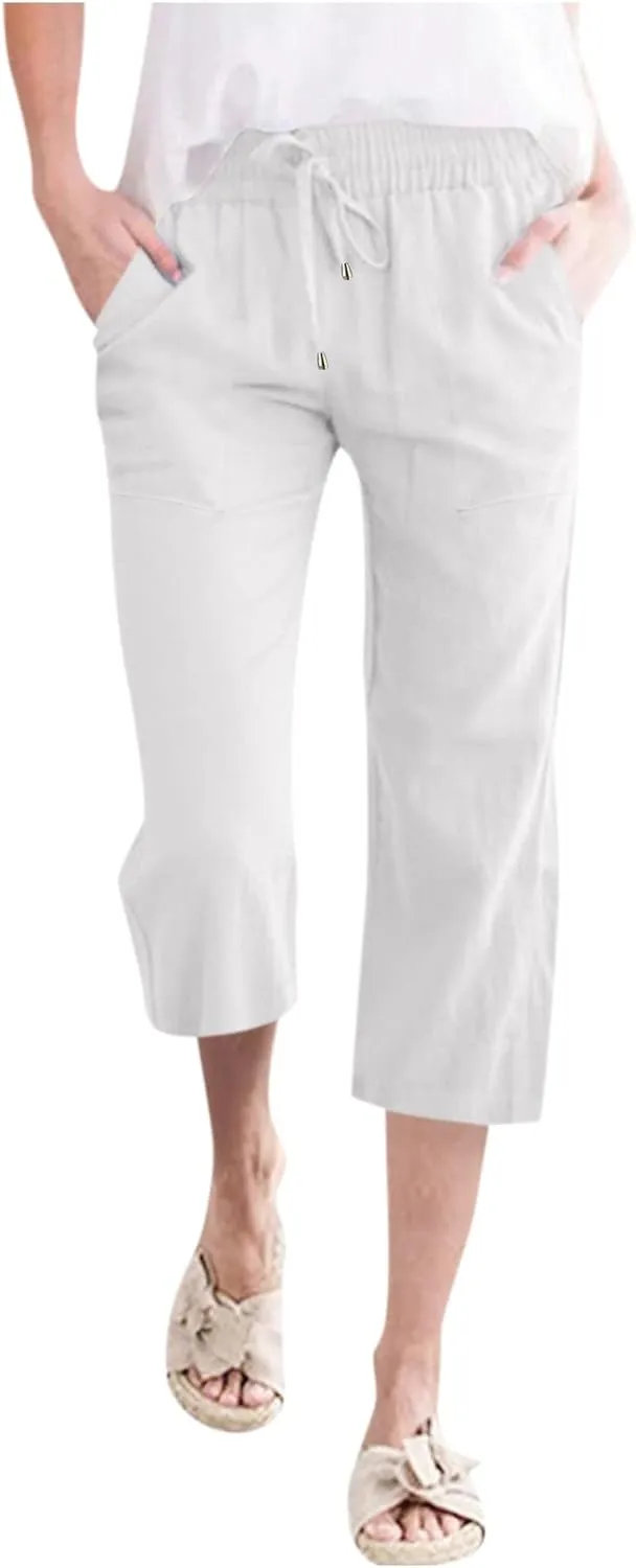 Womens Summer Flowy Cotton Linen Palazzo Wide Leg Pants Pajamas High Waisted Pant Long Trousers with Pocket