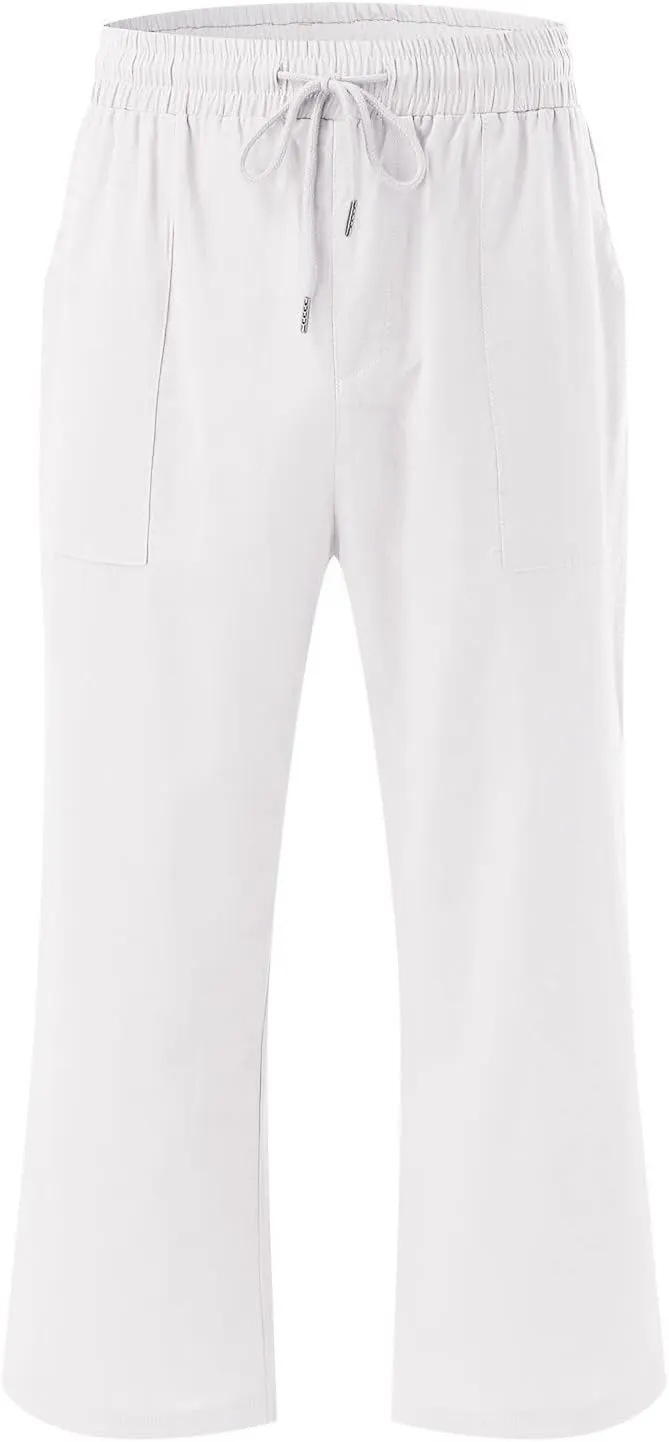 Womens Summer Flowy Cotton Linen Palazzo Wide Leg Pants Pajamas High Waisted Pant Long Trousers with Pocket