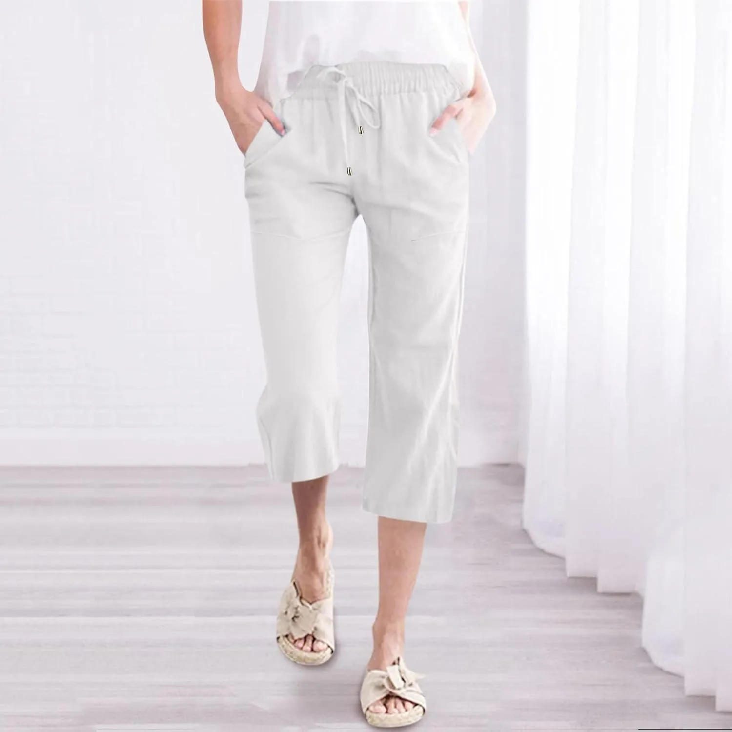 Womens Summer Flowy Cotton Linen Palazzo Wide Leg Pants Pajamas High Waisted Pant Long Trousers with Pocket