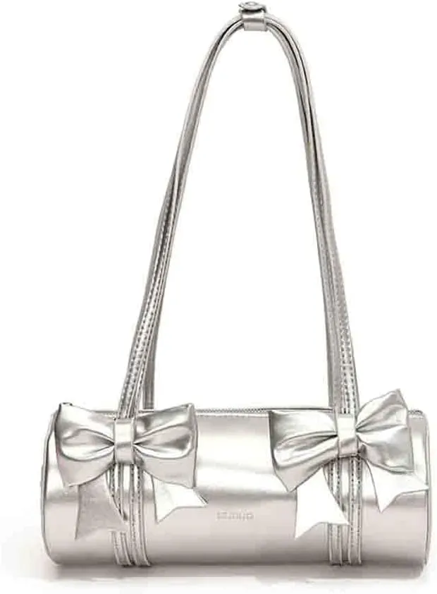 Women's Sweet Bow Knot Cylinder Bag PU Leather Bow Decor Glossy Shoulder Purse Top Handle Tote Underarm Clutch For Ladies