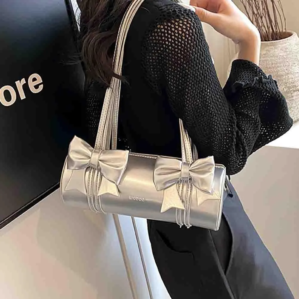 Women's Sweet Bow Knot Cylinder Bag PU Leather Bow Decor Glossy Shoulder Purse Top Handle Tote Underarm Clutch For Ladies