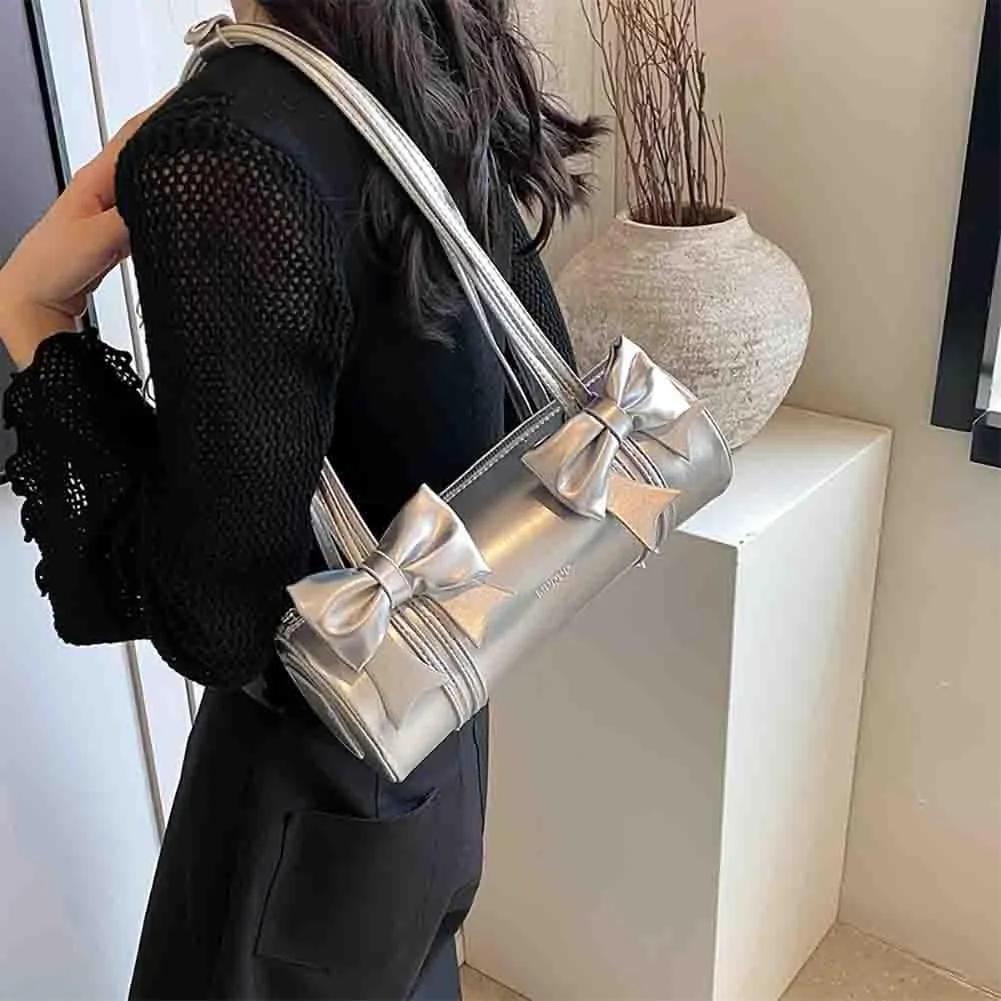 Women's Sweet Bow Knot Cylinder Bag PU Leather Bow Decor Glossy Shoulder Purse Top Handle Tote Underarm Clutch For Ladies