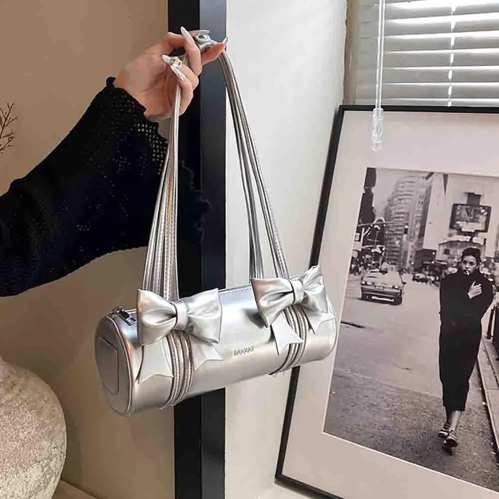 Women's Sweet Bow Knot Cylinder Bag PU Leather Bow Decor Glossy Shoulder Purse Top Handle Tote Underarm Clutch For Ladies