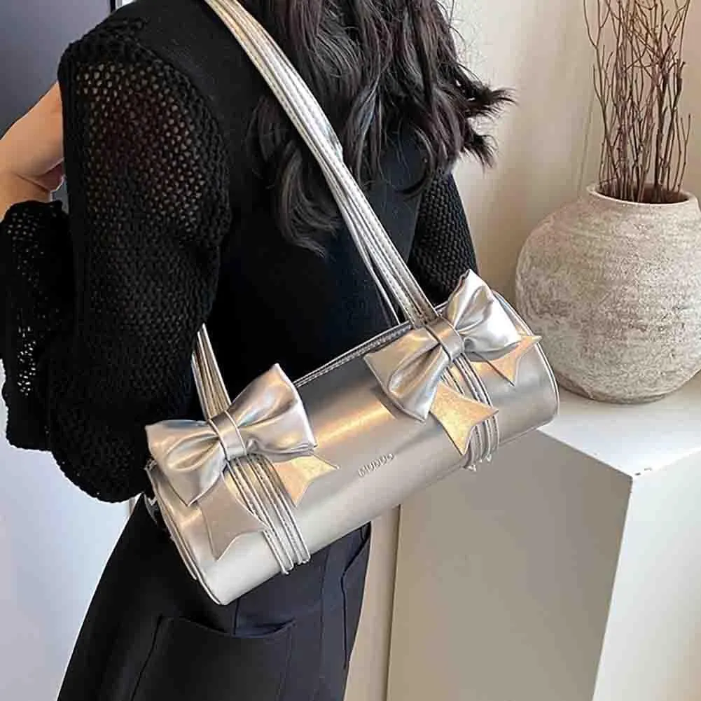 Women's Sweet Bow Knot Cylinder Bag PU Leather Bow Decor Glossy Shoulder Purse Top Handle Tote Underarm Clutch For Ladies