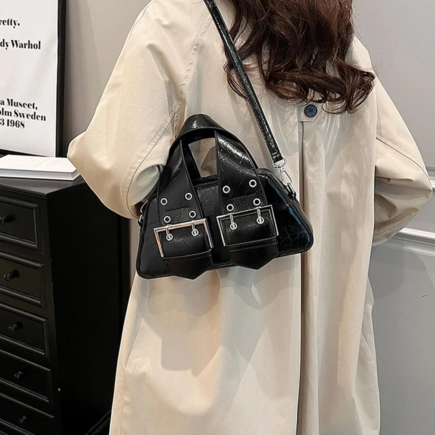 Women's Top Handle Bag Y2k Designer PU Leather Shoulder Bags Aesthetic Bag Crossbody Purse Bag for Women