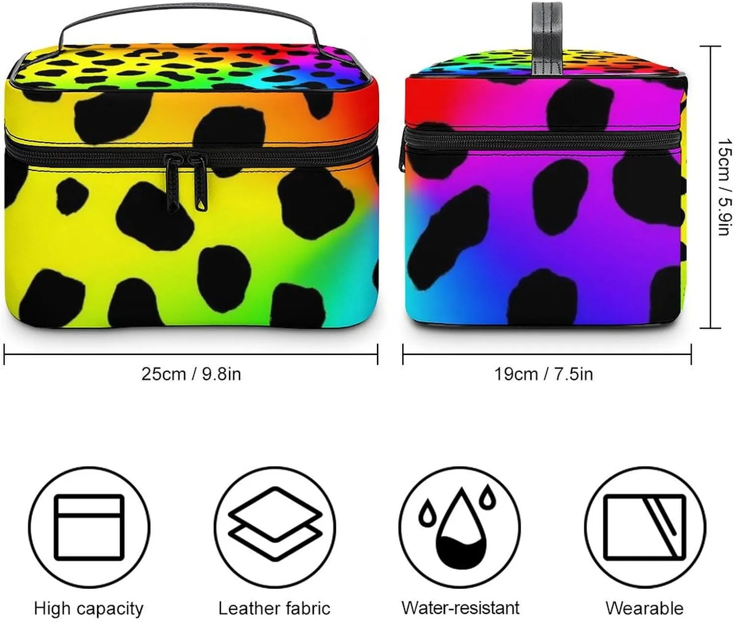Womens Travel Makeup Bag, Waterproof Cosmetic Organizer Case Rainbow Colorful Cheetah Leopard Print Toiletry Storage Bag with Zipper Mesh Pouch