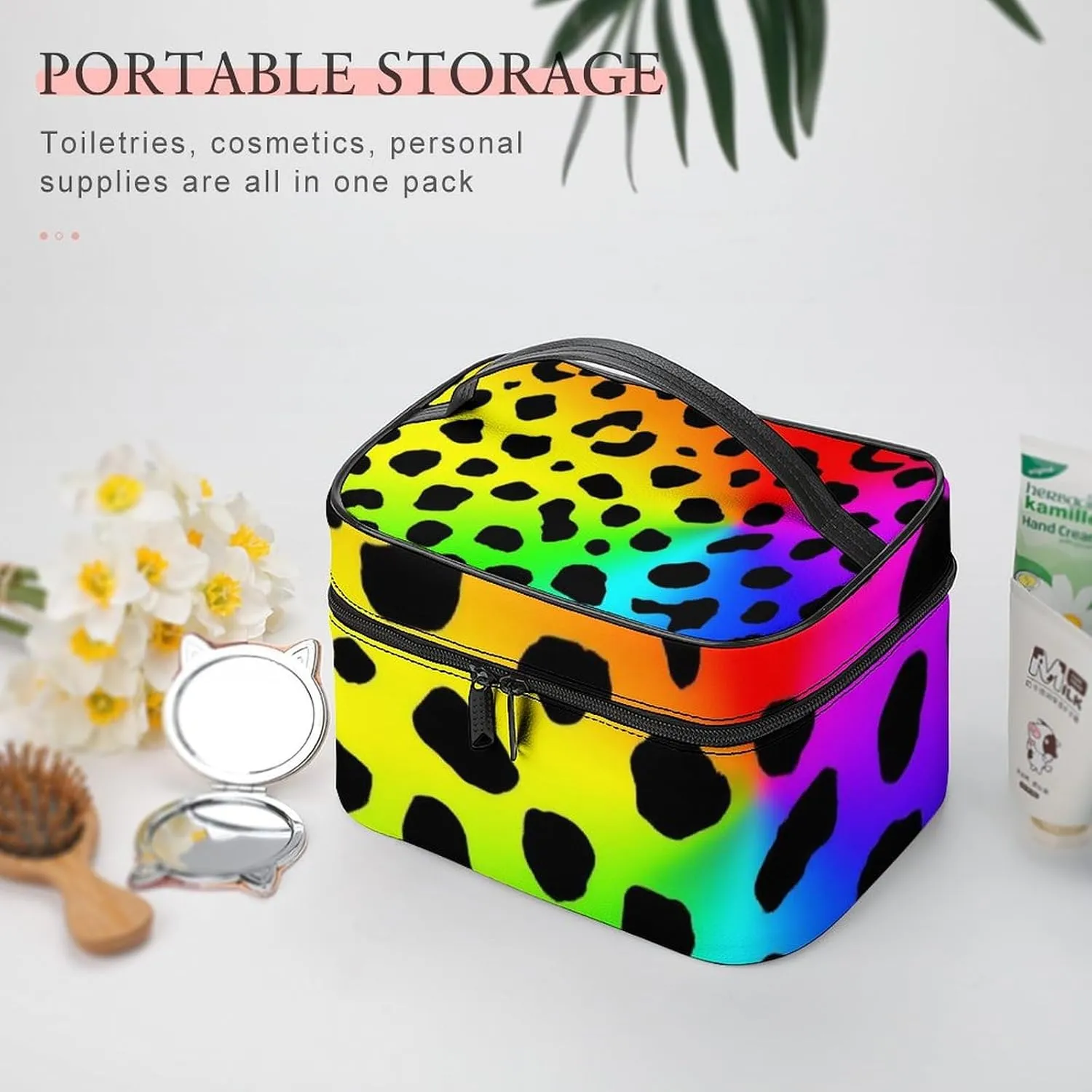 Womens Travel Makeup Bag, Waterproof Cosmetic Organizer Case Rainbow Colorful Cheetah Leopard Print Toiletry Storage Bag with Zipper Mesh Pouch