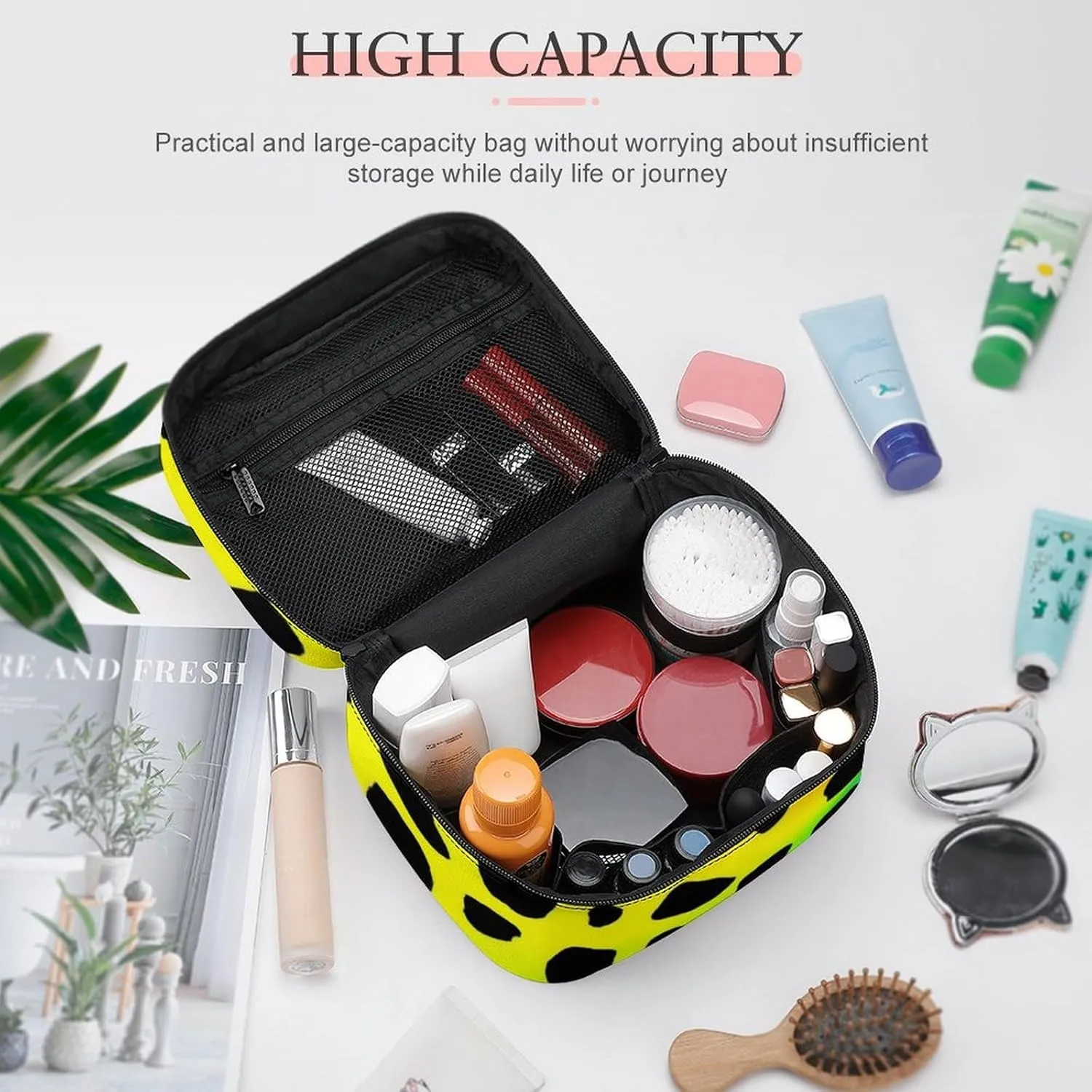 Womens Travel Makeup Bag, Waterproof Cosmetic Organizer Case Rainbow Colorful Cheetah Leopard Print Toiletry Storage Bag with Zipper Mesh Pouch