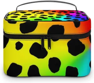 Womens Travel Makeup Bag, Waterproof Cosmetic Organizer Case Rainbow Colorful Cheetah Leopard Print Toiletry Storage Bag with Zipper Mesh Pouch