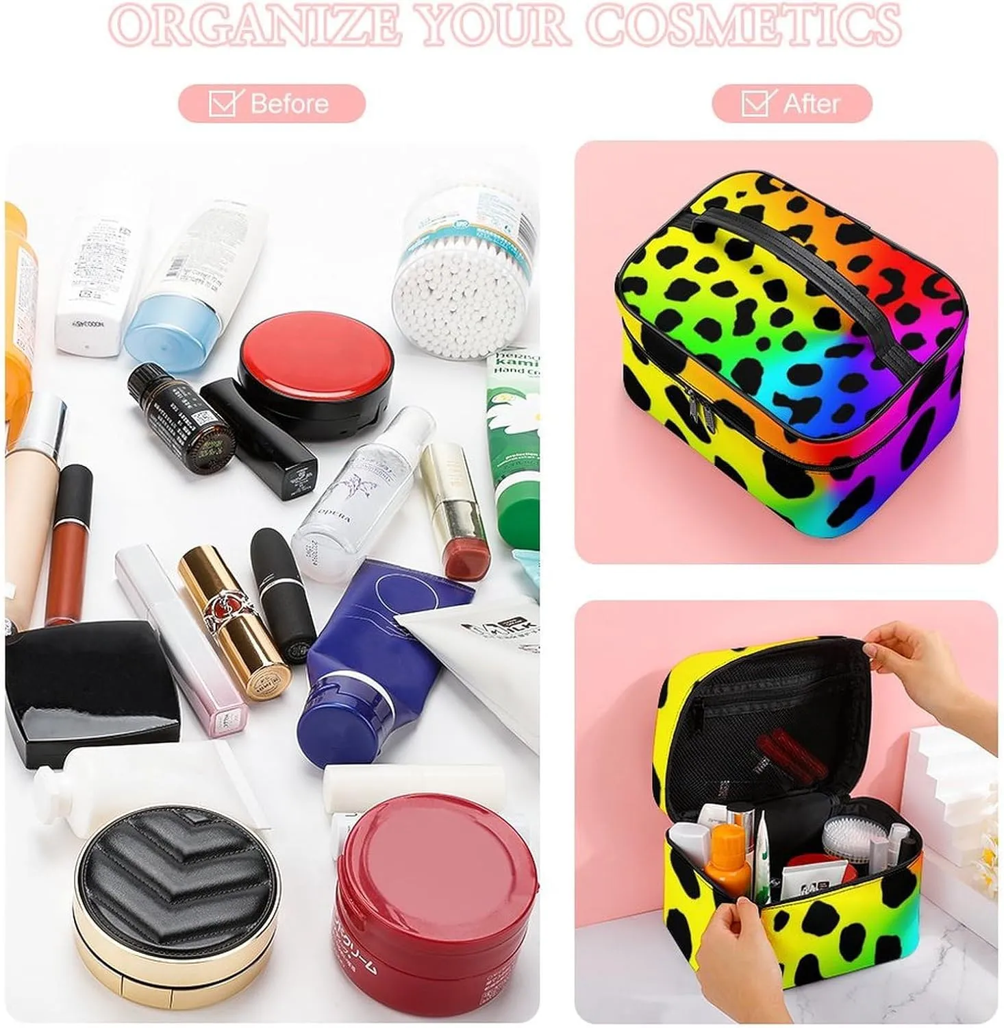 Womens Travel Makeup Bag, Waterproof Cosmetic Organizer Case Rainbow Colorful Cheetah Leopard Print Toiletry Storage Bag with Zipper Mesh Pouch
