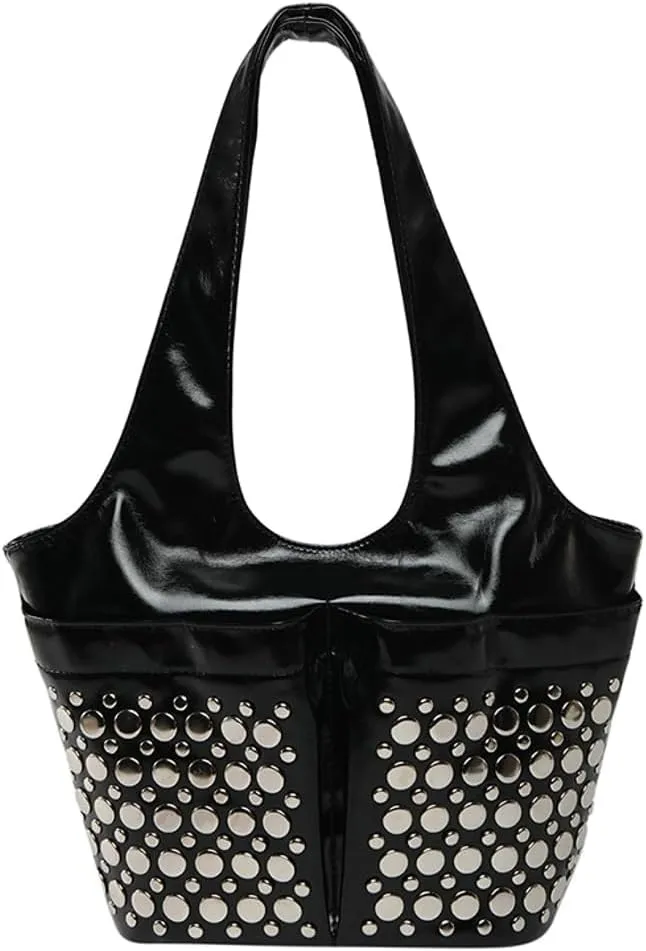 Womens Trendy Studded Bucket Bag Large Shoulder Purse Metal Rivet Tote Spacious Top Handle Handbag Satchels