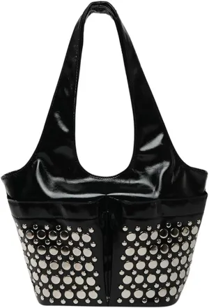 Womens Trendy Studded Bucket Bag Large Shoulder Purse Metal Rivet Tote Spacious Top Handle Handbag Satchels