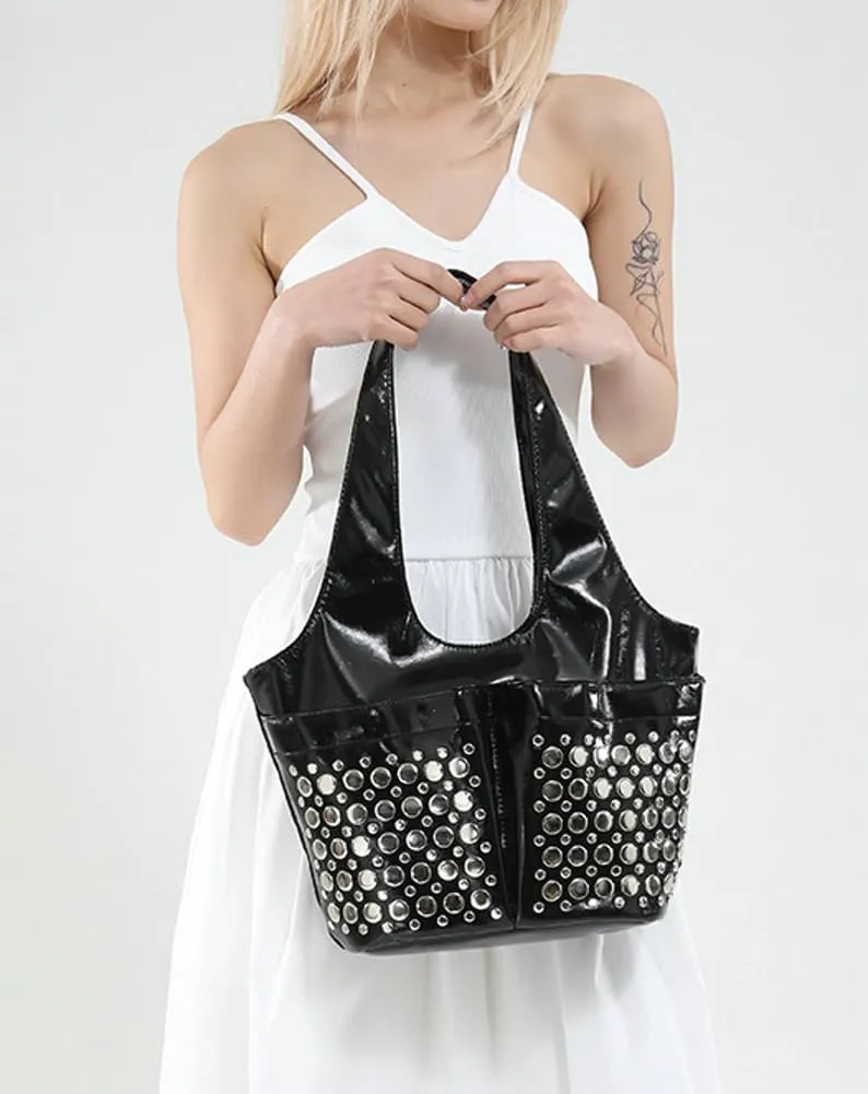 Womens Trendy Studded Bucket Bag Large Shoulder Purse Metal Rivet Tote Spacious Top Handle Handbag Satchels