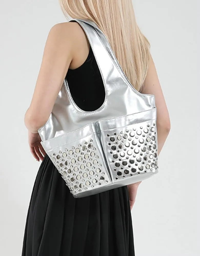 Womens Trendy Studded Bucket Bag Large Shoulder Purse Metal Rivet Tote Spacious Top Handle Handbag Satchels