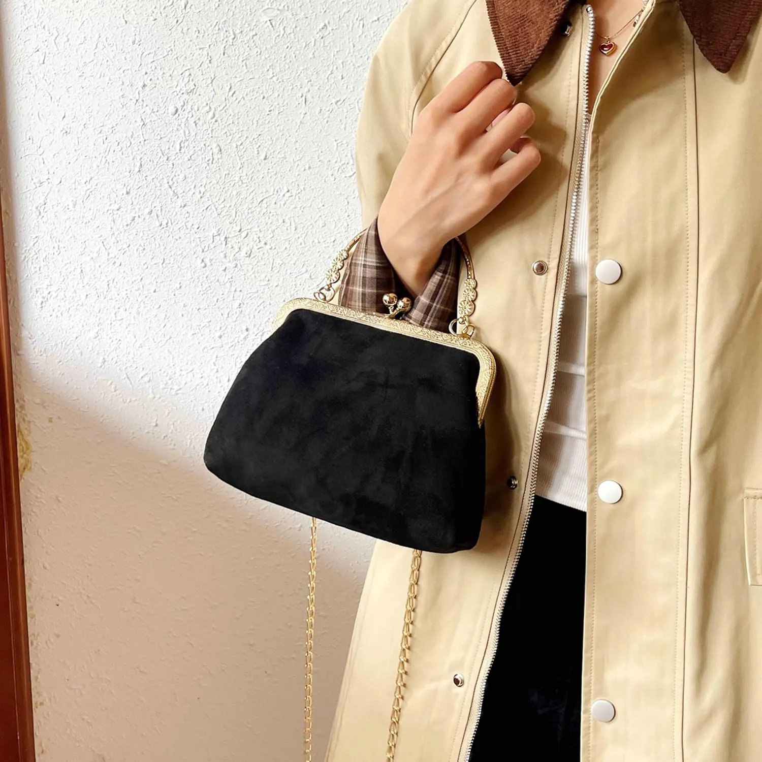 Women's vintage Kiss Lock Handbag Purse Crossbody Shoulder Bag with Chain Strap